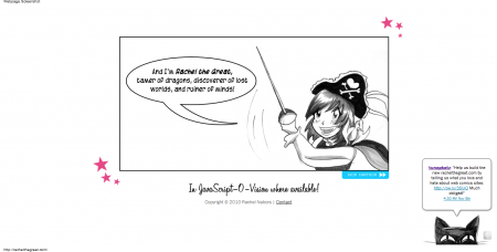 A screenshot of RacheltheGreat.com's coming soon page, complete with cartoon slideshow and twitter.